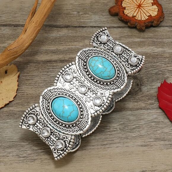 Turquoise and Silver Elastic Bracelet Vintage An Antique Silvery Bangle Bracelet - Picture 2 of 5